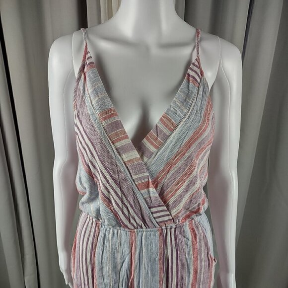 Addie Women's Red Pastel Striped Spaghetti Strap 2 Pocket Romper Size Medium - Picture 2 of 13